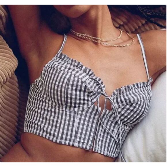 Women Urban Outfitters Out From Under Gingham Tie Front Top in Black White Large - Picture 1 of 7